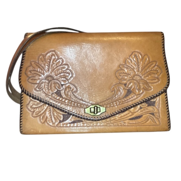 Vintage Hand tooled Leather Handbag Flower pattern - Picture 3 of 10